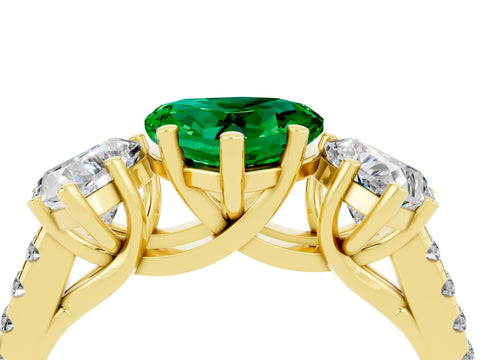 Yellow gold Three-Stone Heart Cut Emerald Ring with Pavé Band and Prong Setting_16