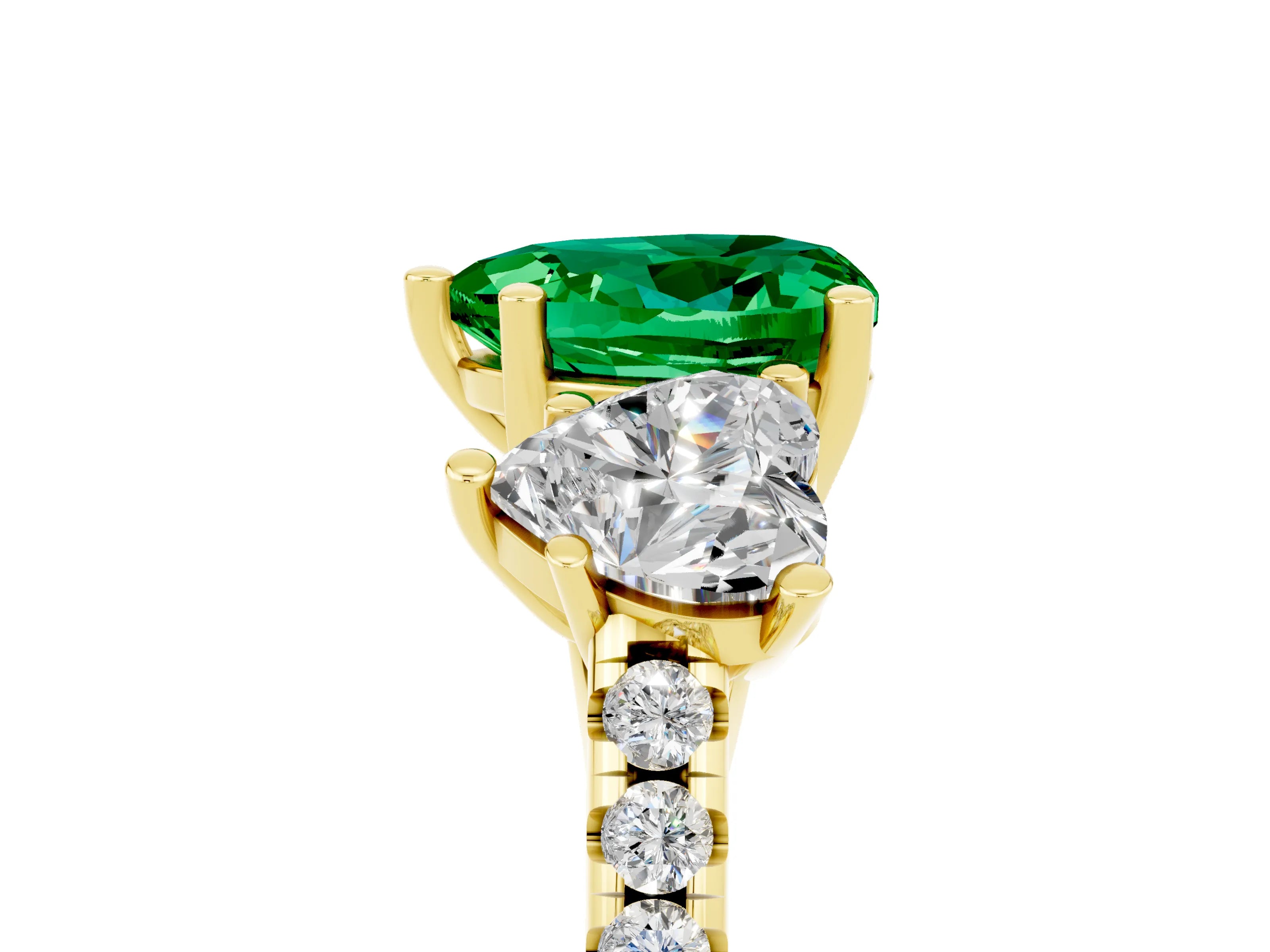 Yellow gold Three-Stone Heart Cut Emerald Ring with Pavé Band and Prong Setting_17