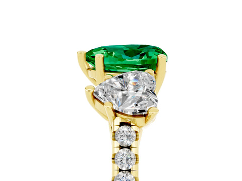 Yellow gold Three-Stone Heart Cut Emerald Ring with Pavé Band and Prong Setting_17