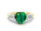 Yellow gold Three-Stone Heart Cut Emerald Ring with Pear Side Stones and Four-Prong Setting