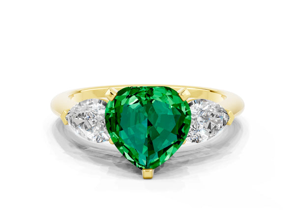 Yellow gold Three-Stone Heart Cut Emerald Ring with Pear Side Stones and Four-Prong Setting