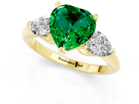Yellow gold Three-Stone Heart Cut Emerald Ring with Pear Side Stones and Four-Prong Setting_1
