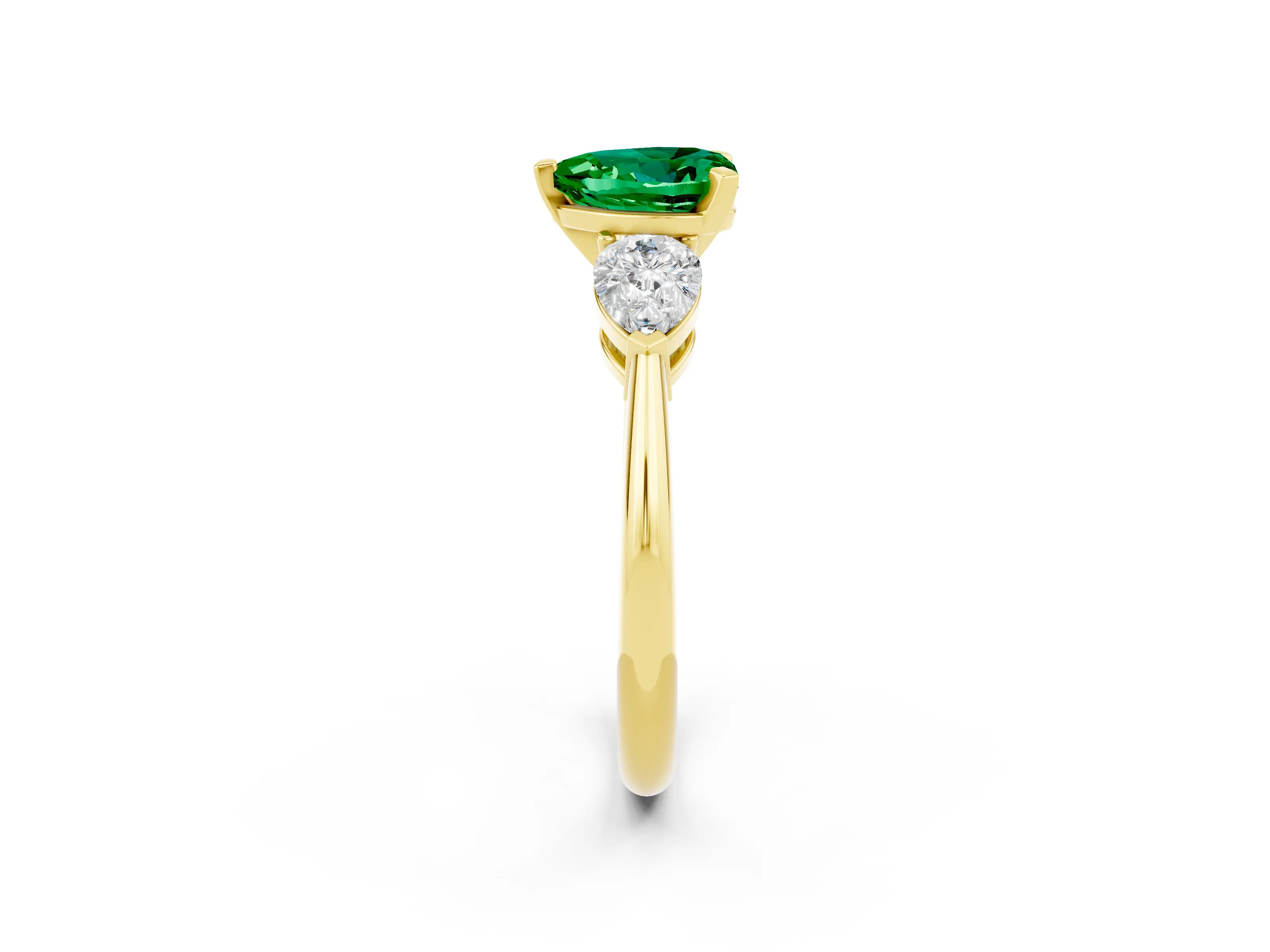 Yellow gold Three-Stone Heart Cut Emerald Ring with Pear Side Stones and Four-Prong Setting_2