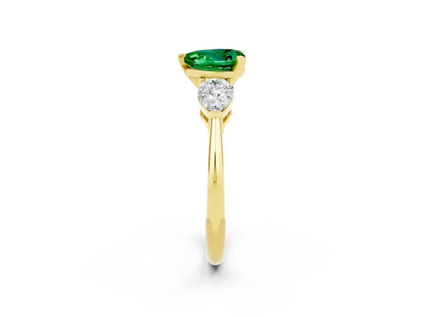 Yellow gold Three-Stone Heart Cut Emerald Ring with Pear Side Stones and Four-Prong Setting