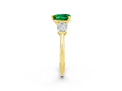 Yellow gold Three-Stone Heart Cut Emerald Ring with Pear Side Stones and Four-Prong Setting_2