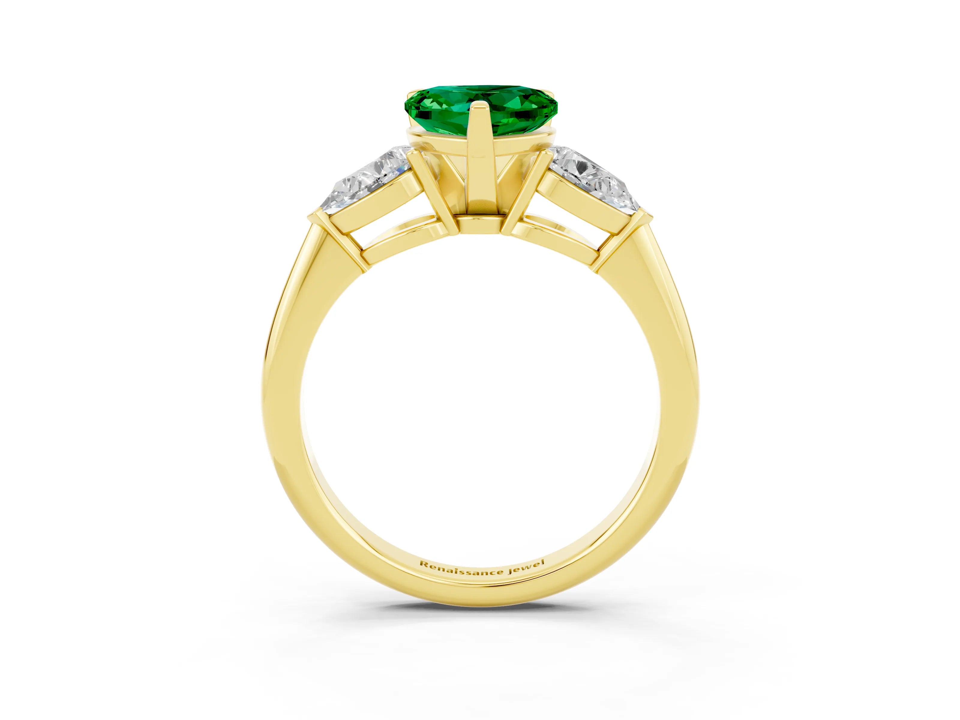 Yellow gold Three-Stone Heart Cut Emerald Ring with Pear Side Stones and Four-Prong Setting_3