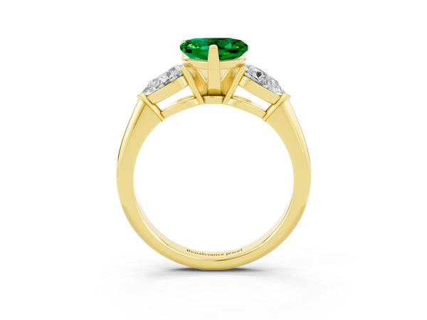 Yellow gold Three-Stone Heart Cut Emerald Ring with Pear Side Stones and Four-Prong Setting