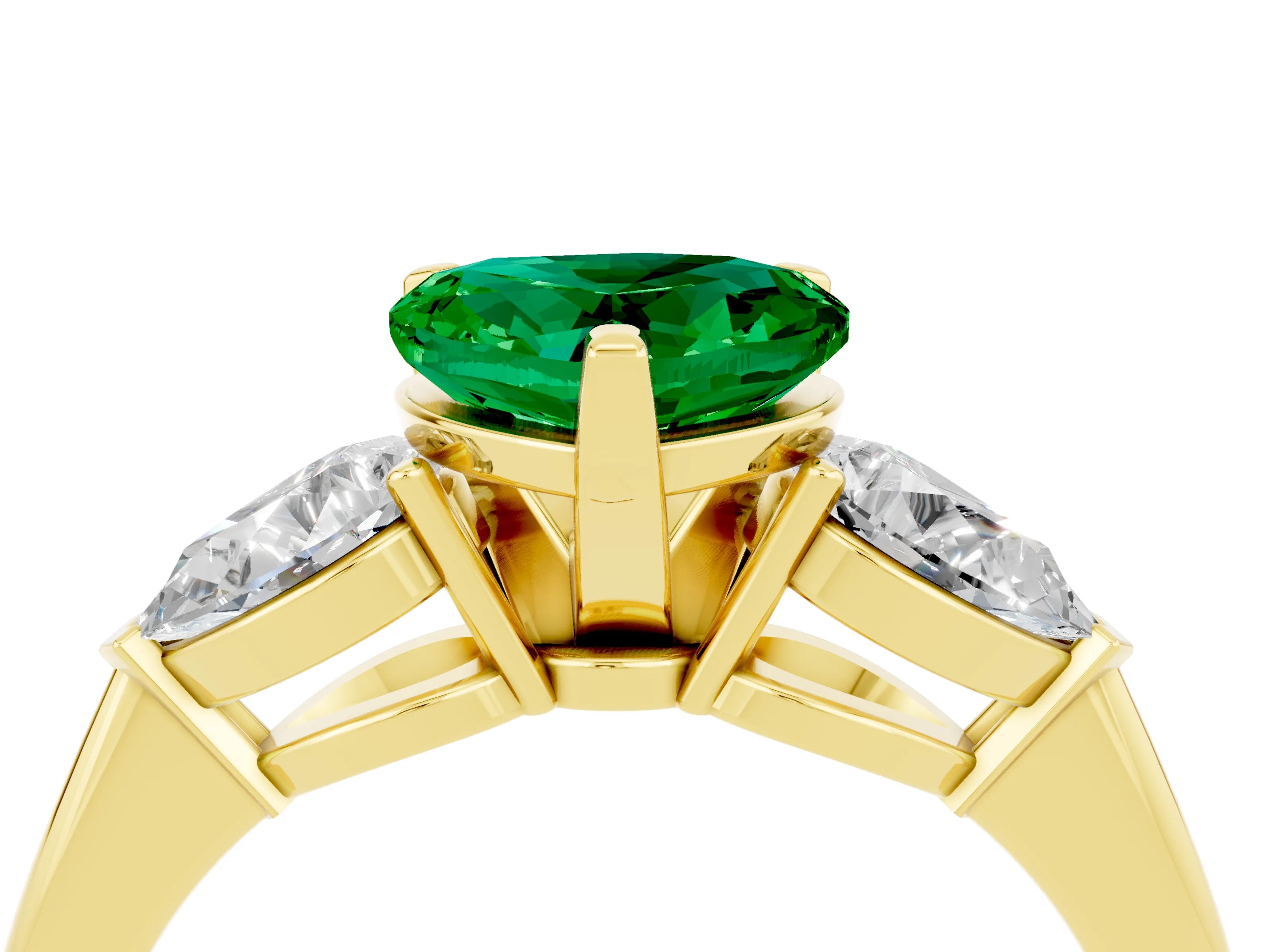 Yellow gold Three-Stone Heart Cut Emerald Ring with Pear Side Stones and Four-Prong Setting_4
