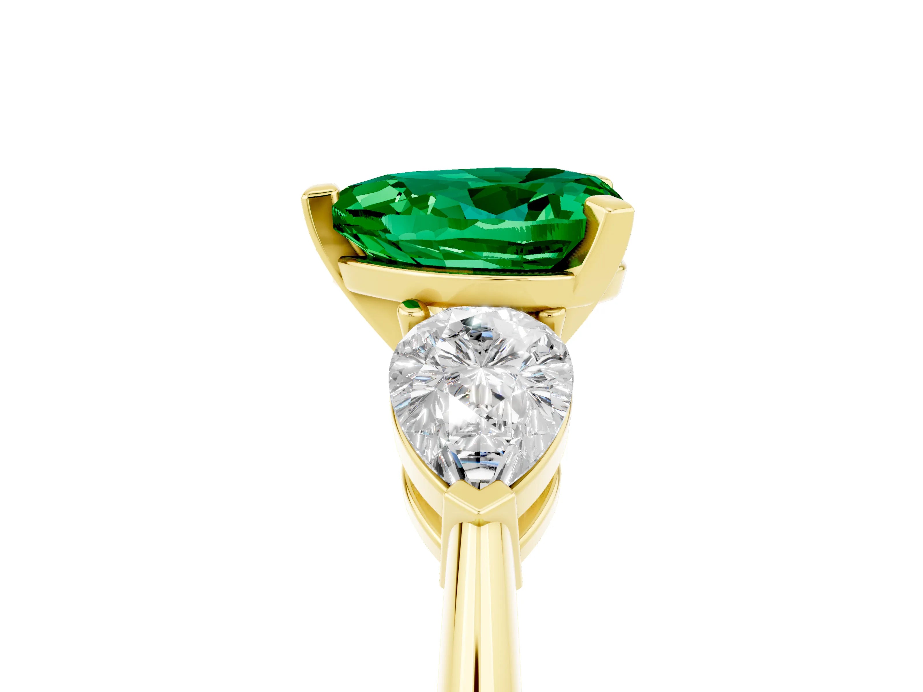Yellow gold Three-Stone Heart Cut Emerald Ring with Pear Side Stones and Four-Prong Setting_5
