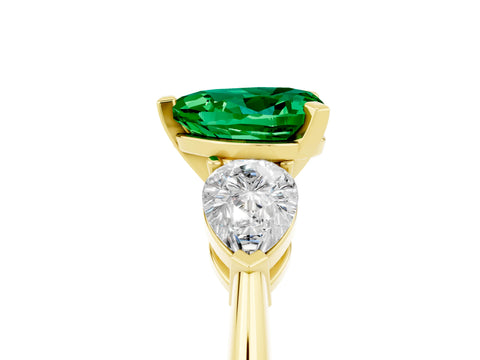 Yellow gold Three-Stone Heart Cut Emerald Ring with Pear Side Stones and Four-Prong Setting_5