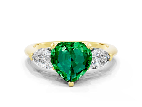 Yellow gold Three-Stone Heart Cut Emerald Ring with Pear Side Stones and Four-Prong Setting