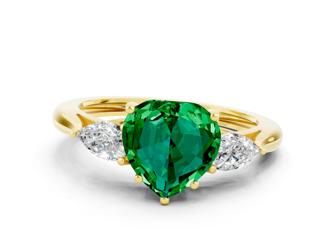 Yellow gold Three-Stone Heart Cut Emerald Ring with Pear  Side Stones in Four-Prong Setting_12