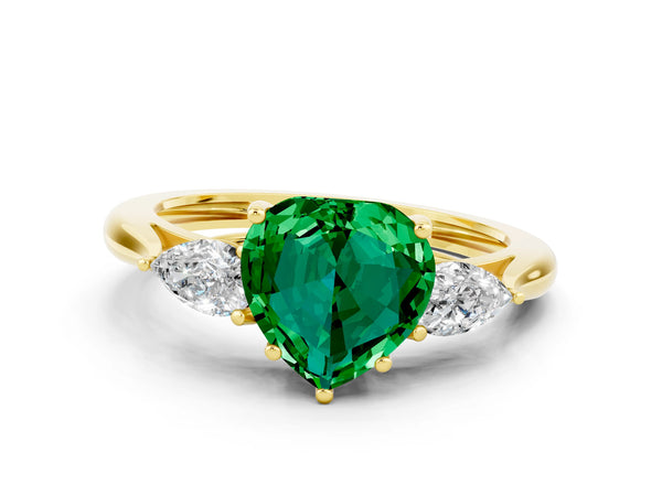 Yellow gold Three-Stone Heart Cut Emerald Ring with Pear  Side Stones in Four-Prong Setting