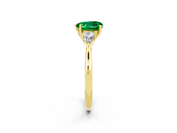 Yellow gold Three-Stone Heart Cut Emerald Ring with Pear  Side Stones in Four-Prong Setting