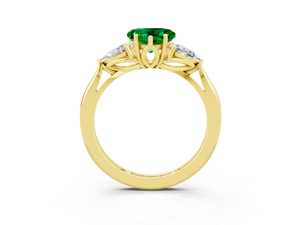 Yellow gold Three-Stone Heart Cut Emerald Ring with Pear  Side Stones in Four-Prong Setting
