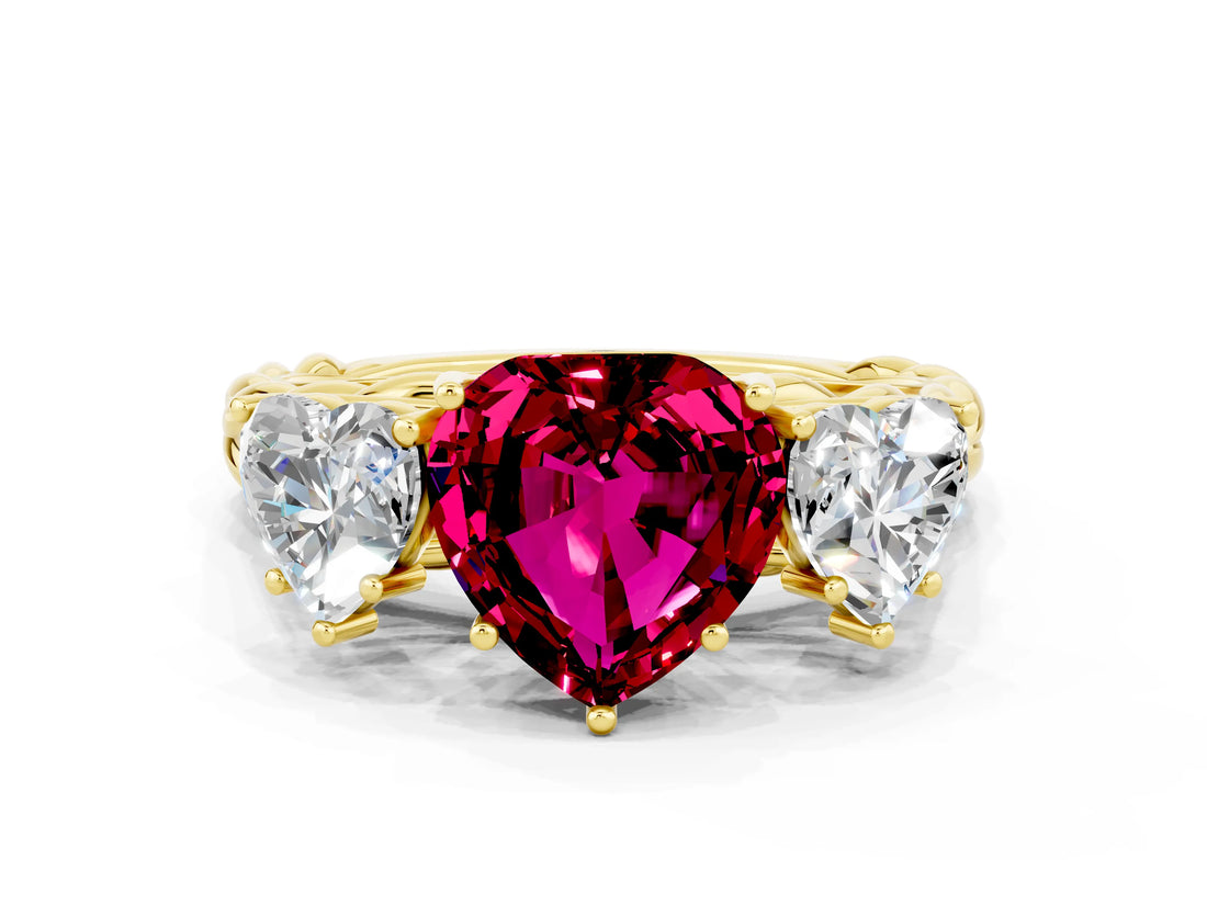 Yellow gold Three-Stone Heart Cut Garnet Braided Band Ring with Four-Prong Setting_12
