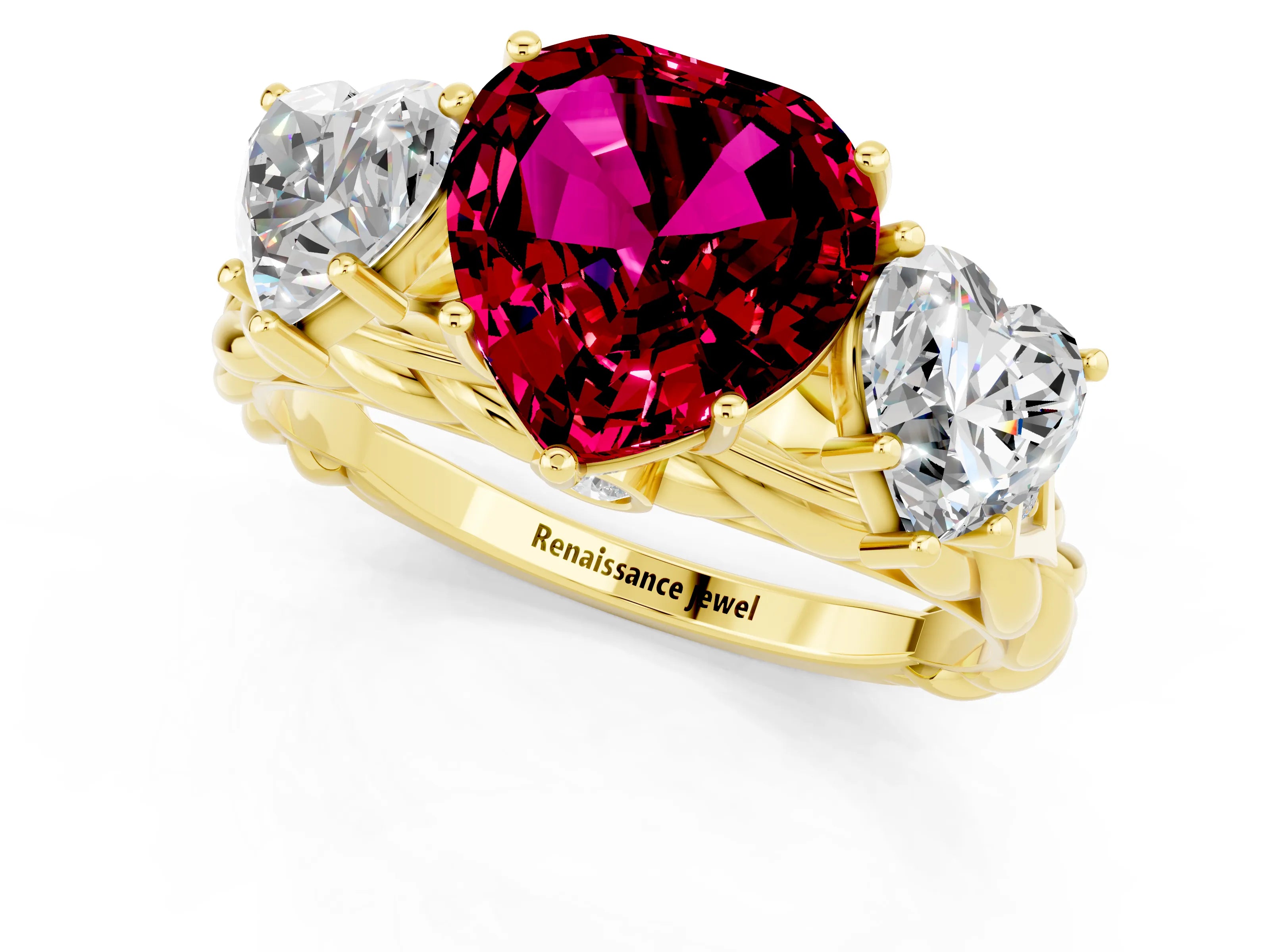 Yellow gold Three-Stone Heart Cut Garnet Braided Band Ring with Four-Prong Setting_13