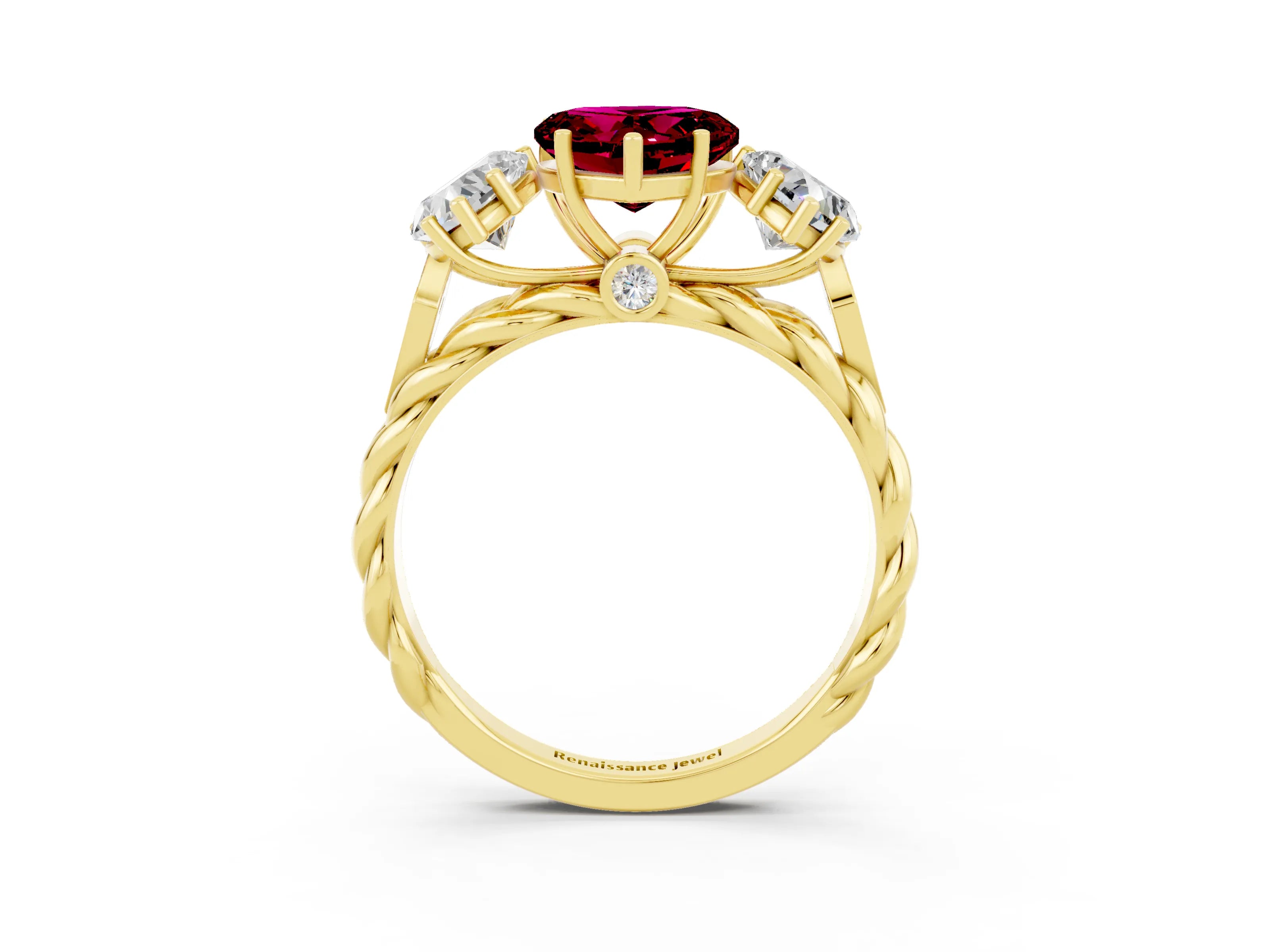 Yellow gold Three-Stone Heart Cut Garnet Braided Band Ring with Four-Prong Setting_15