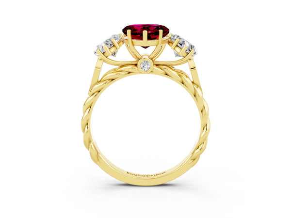 Yellow gold Three-Stone Heart Cut Garnet Braided Band Ring with Four-Prong Setting