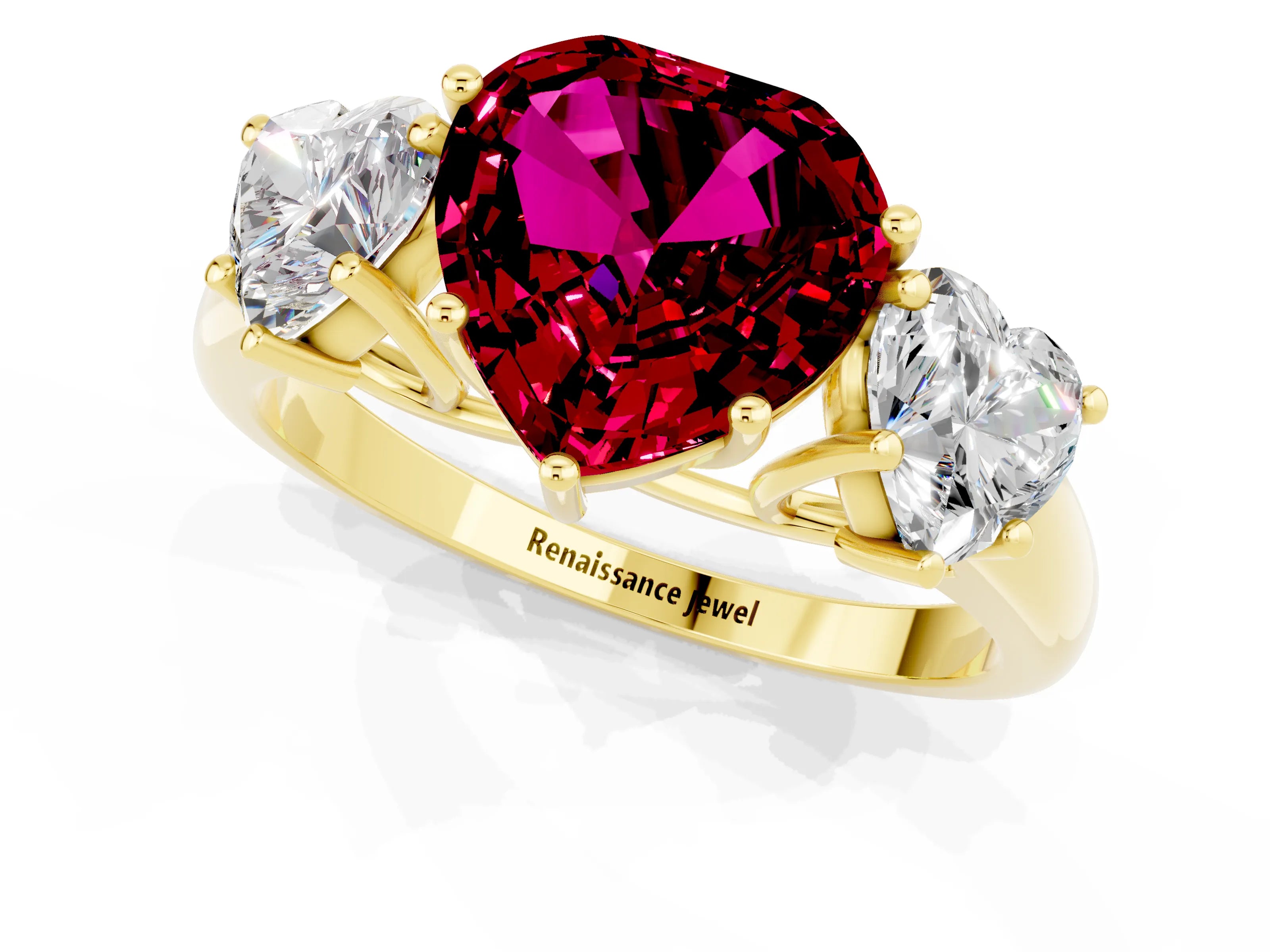 Yellow gold Three-Stone Heart Cut Garnet Engagement Ring with Prong Setting_1