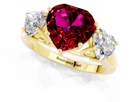 Yellow gold Three-Stone Heart Cut Garnet Engagement Ring with Prong Setting_1