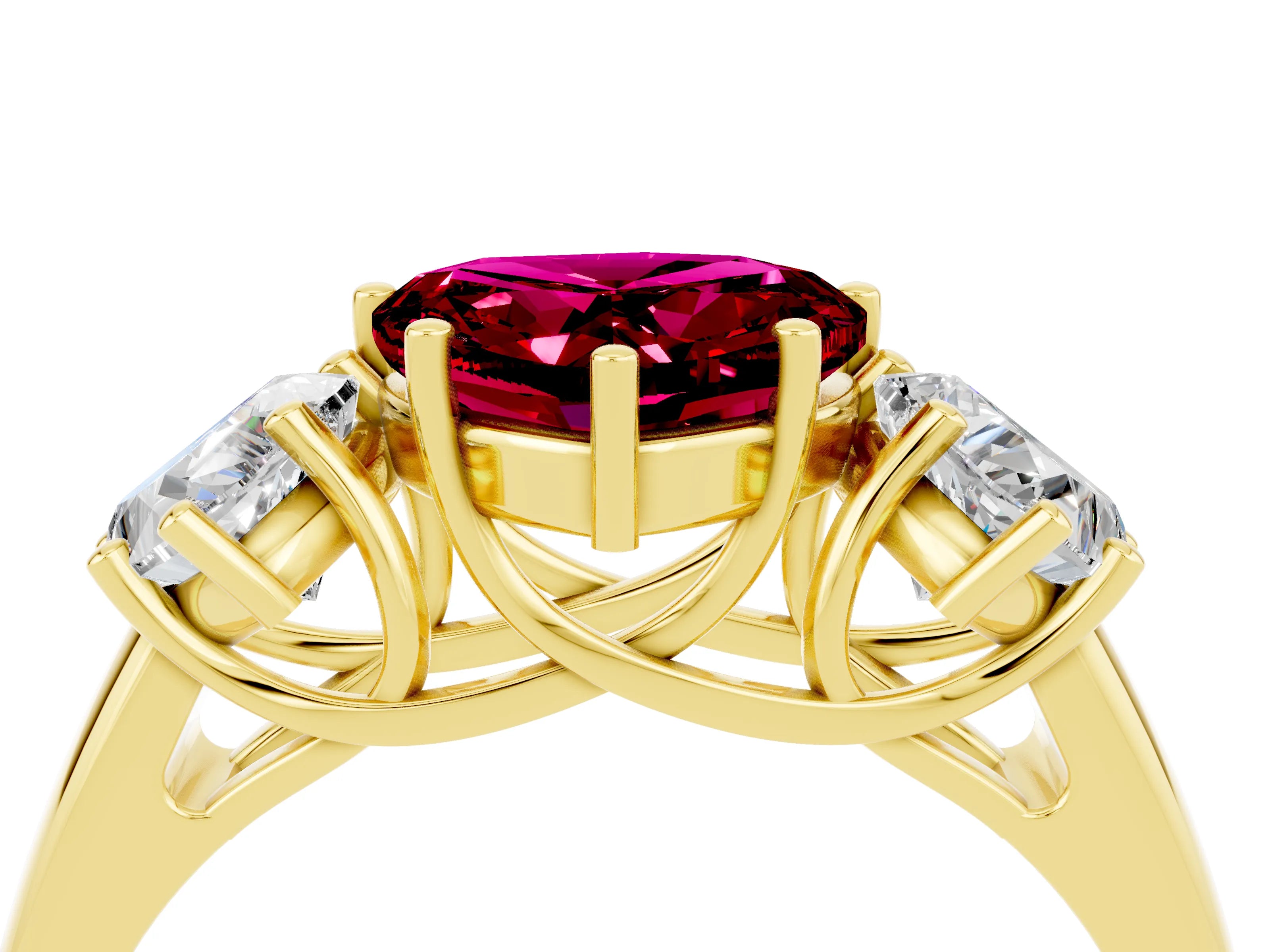 Yellow gold Three-Stone Heart Cut Garnet Engagement Ring with Prong Setting_4