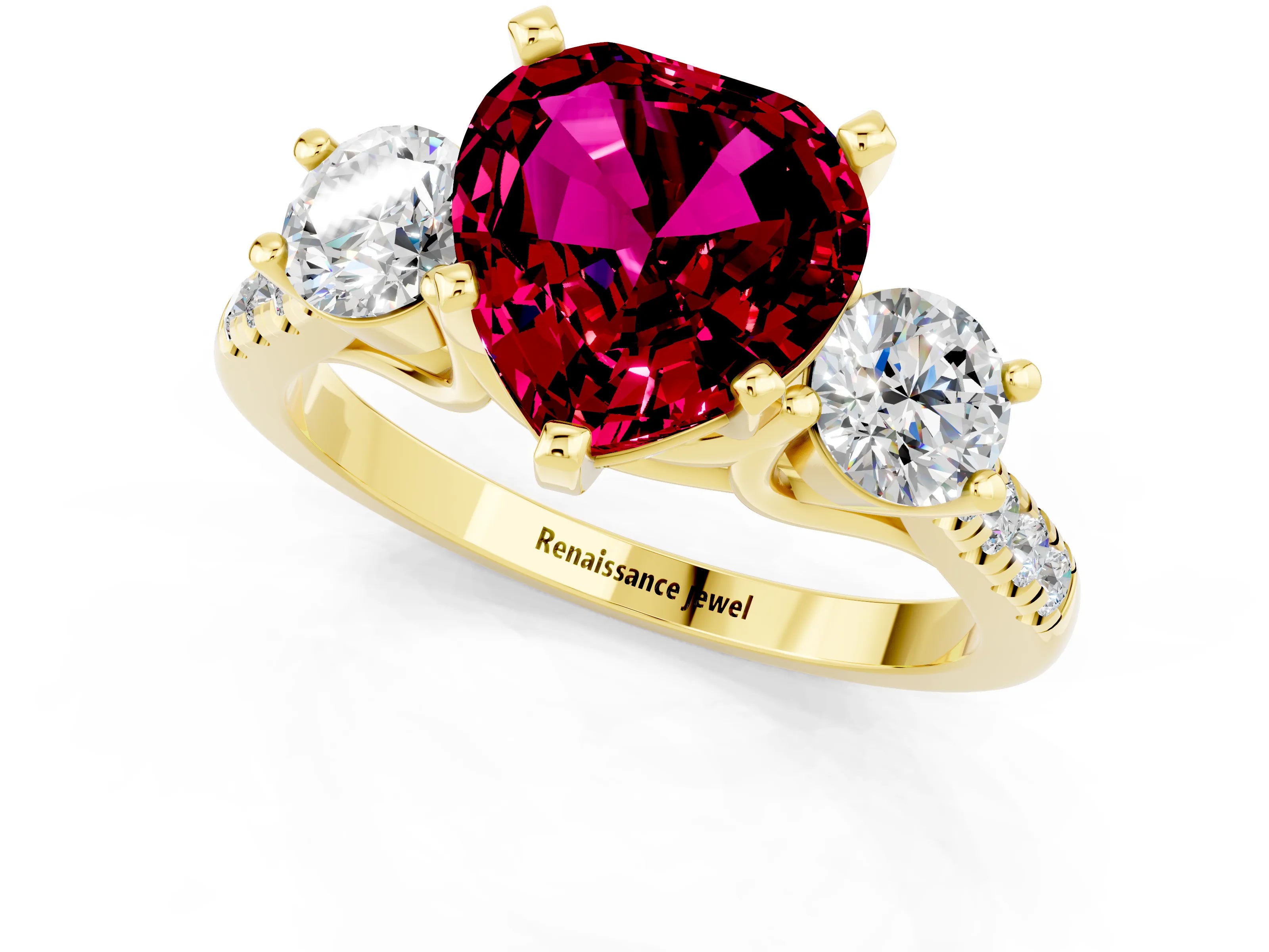 Yellow gold Three-Stone Heart Cut Garnet Pavé Band with Four-Prong Setting_1