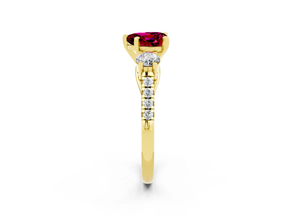 Yellow gold Three-Stone Heart Cut Garnet Pavé Band with Four-Prong Setting
