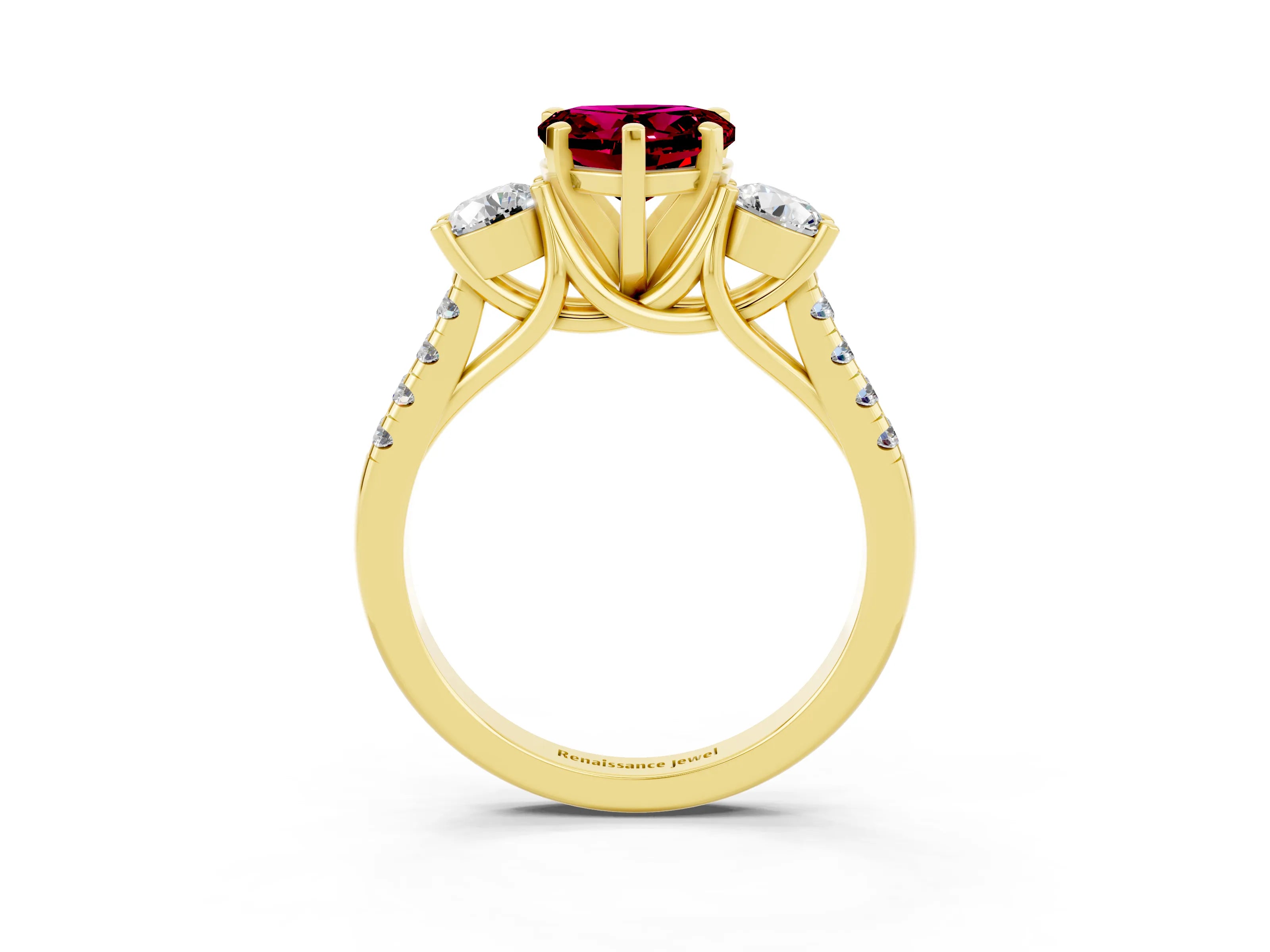 Yellow gold Three-Stone Heart Cut Garnet Pavé Band with Four-Prong Setting_3