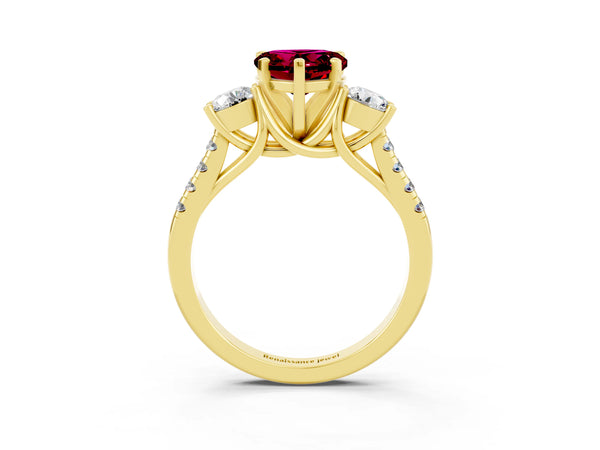 Yellow gold Three-Stone Heart Cut Garnet Pavé Band with Four-Prong Setting