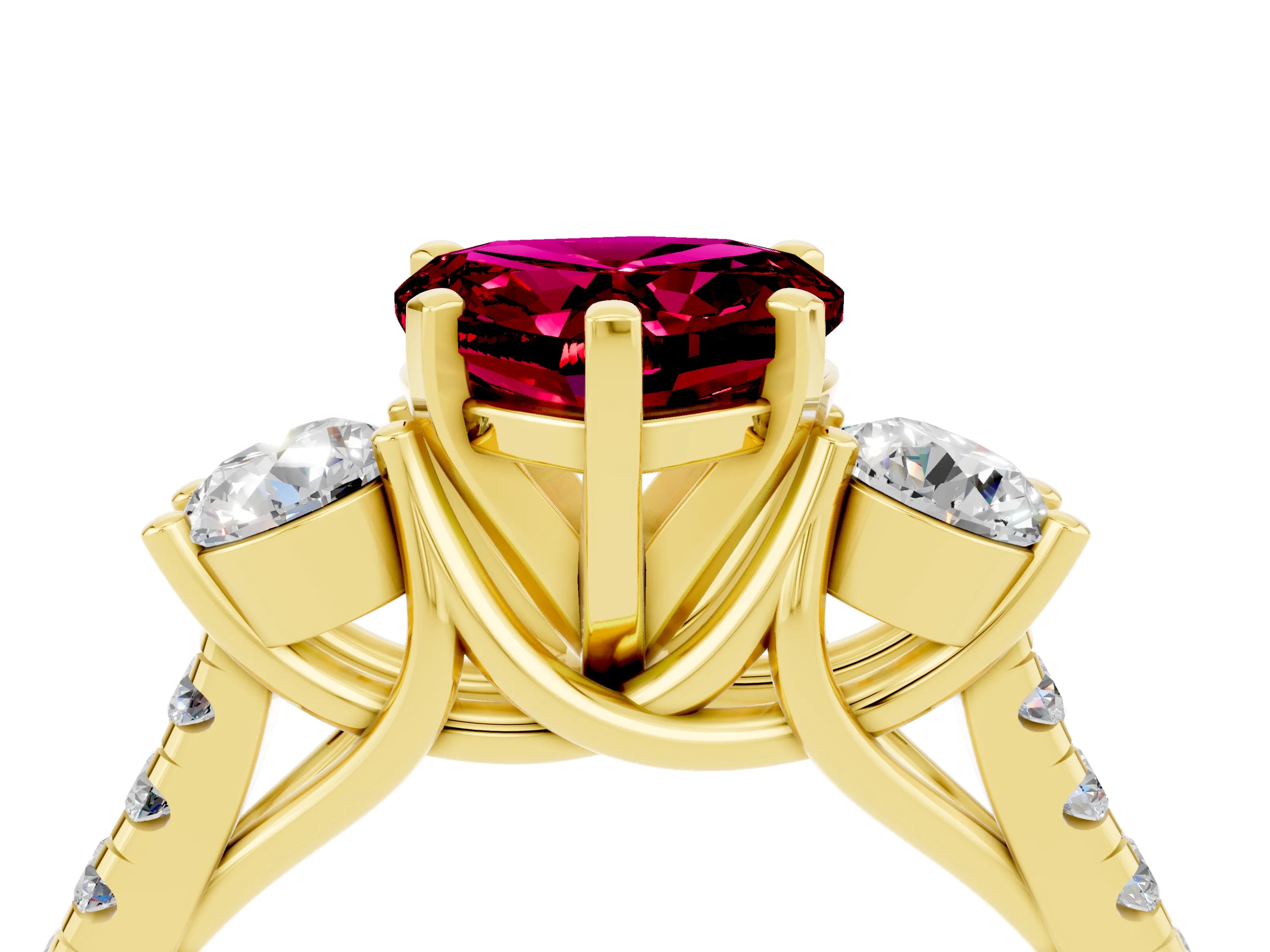 Yellow gold Three-Stone Heart Cut Garnet Pavé Band with Four-Prong Setting_4