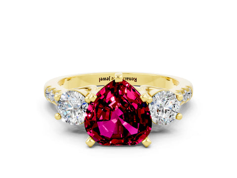Yellow gold Three-Stone Heart Cut Garnet Pavé Band with Four-Prong Setting