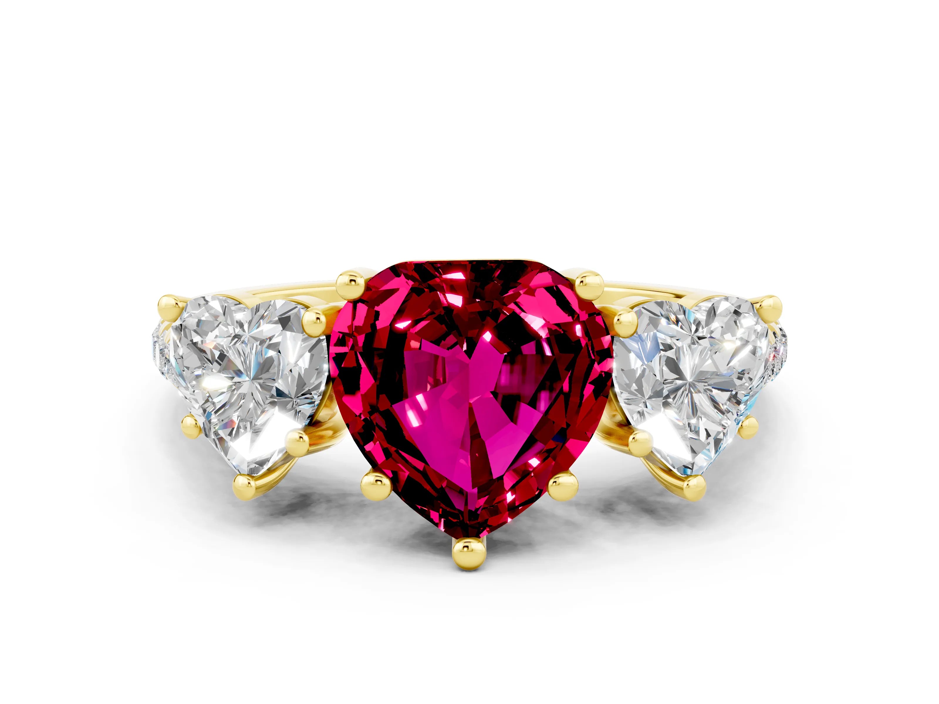 Yellow gold Three-Stone Heart Cut Garnet Ring with Pavé Band and Prong Setting_12