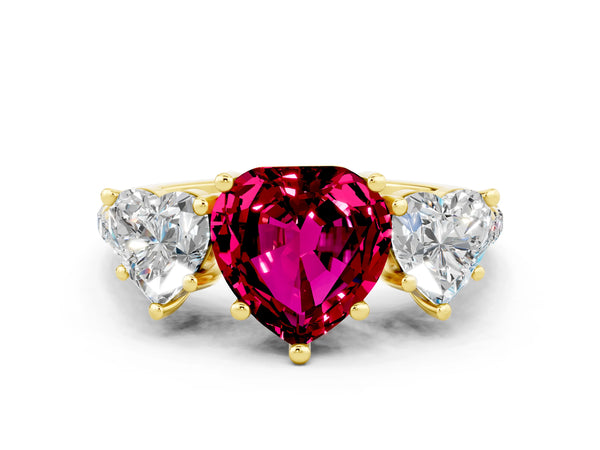 Yellow gold Three-Stone Heart Cut Garnet Ring with Round  Pavé Band and Prong Setting
