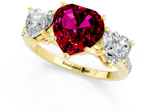 Yellow gold Three-Stone Heart Cut Garnet Ring with Round  Pavé Band and Prong Setting