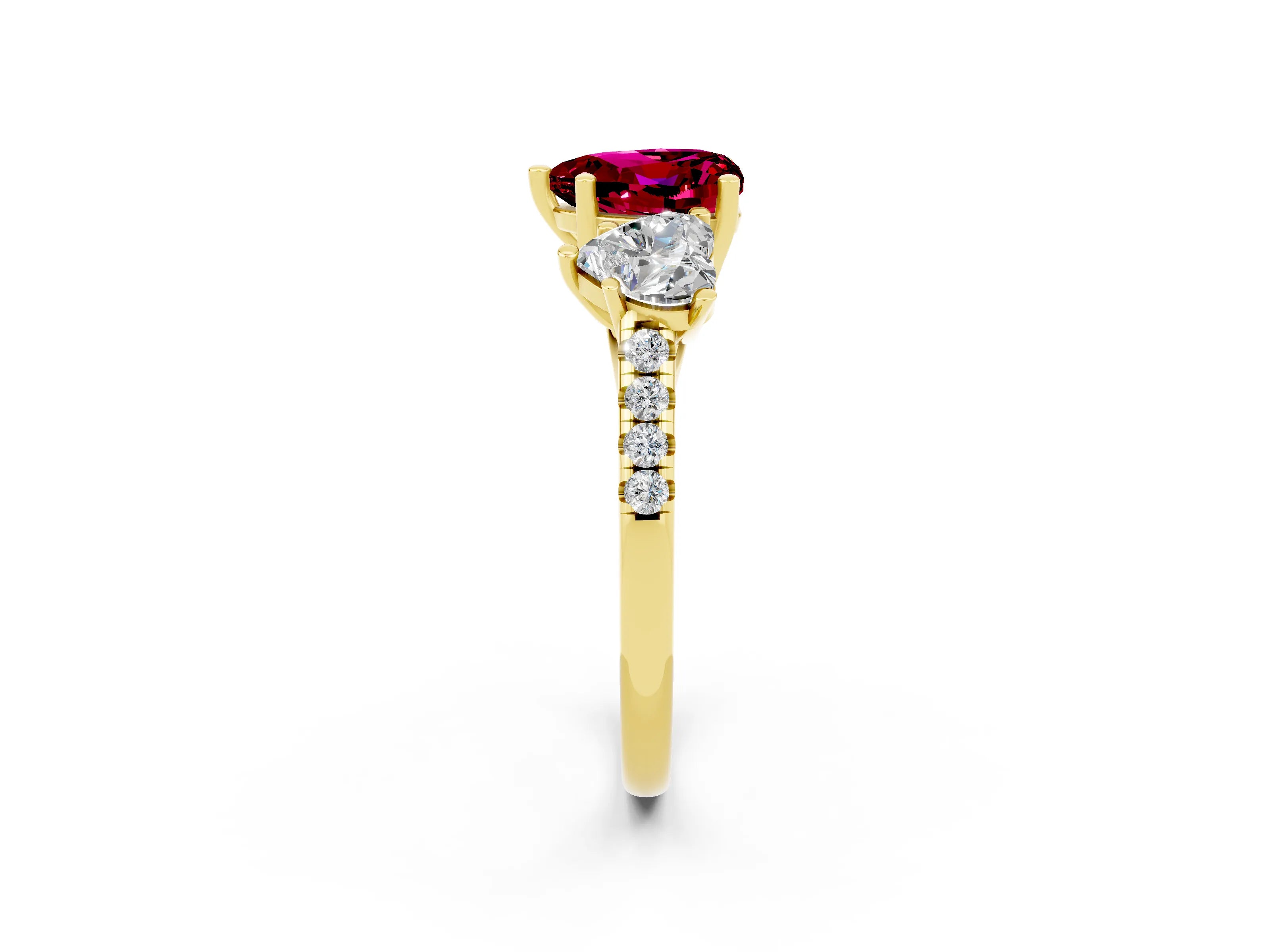 Yellow gold Three-Stone Heart Cut Garnet Ring with Pavé Band and Prong Setting_14