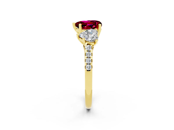 Yellow gold Three-Stone Heart Cut Garnet Ring with Round  Pavé Band and Prong Setting