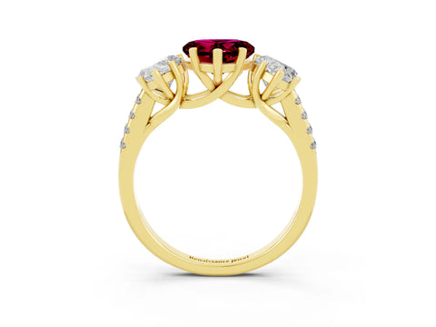 Yellow gold Three-Stone Heart Cut Garnet Ring with Pavé Band and Prong Setting_15