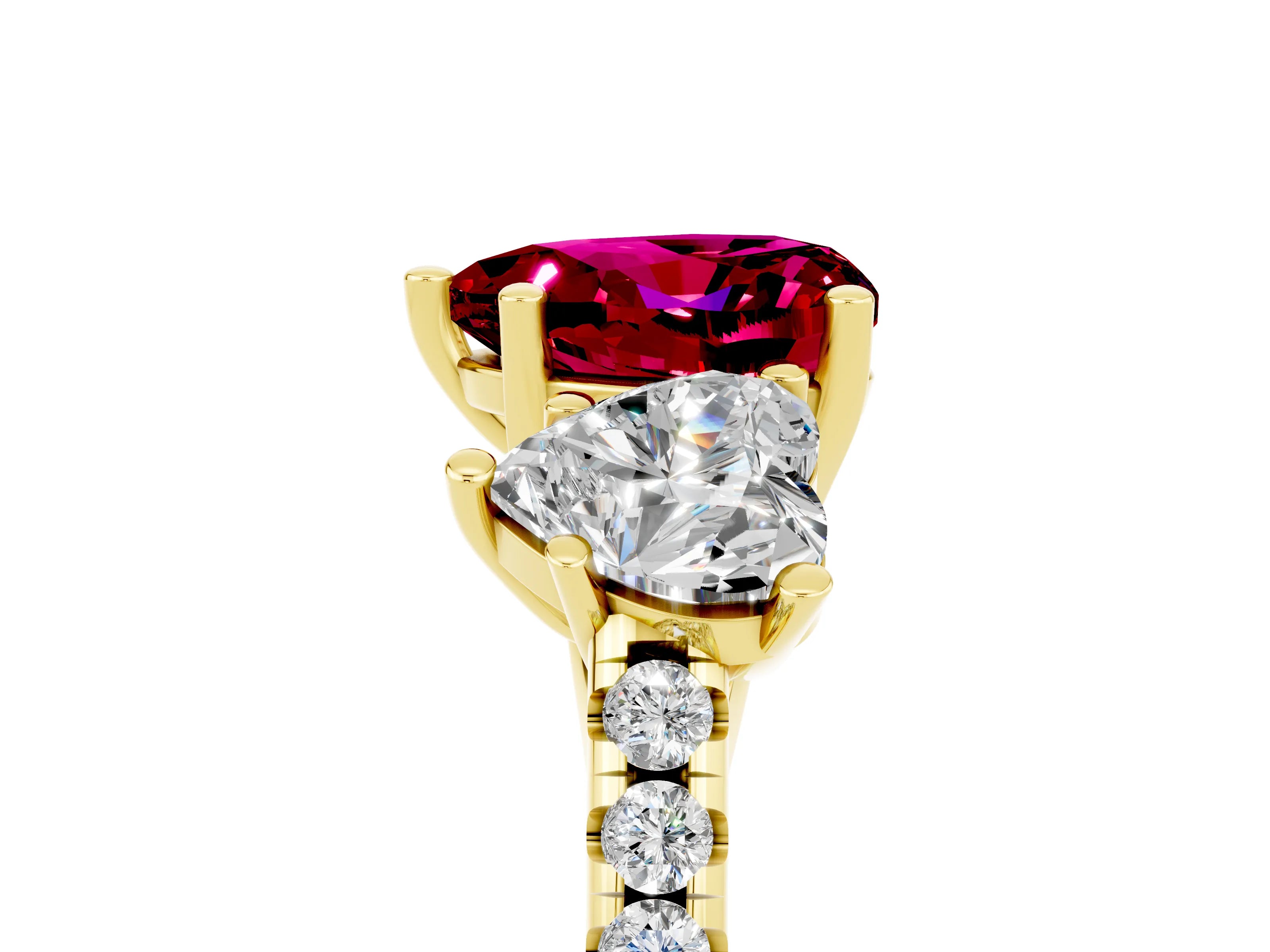 Yellow gold Three-Stone Heart Cut Garnet Ring with Pavé Band and Prong Setting_17