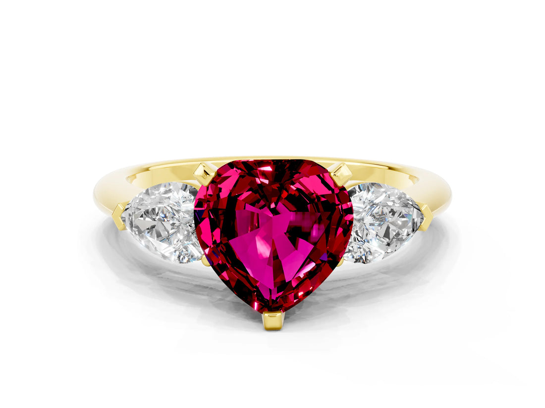 Yellow gold Three-Stone Heart Cut Garnet Ring with Pear Side Stones and Four-Prong Setting