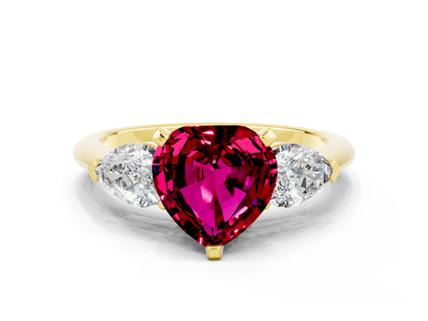 Yellow gold Three-Stone Heart Cut Garnet Ring with Pear Side Stones and Four-Prong Setting