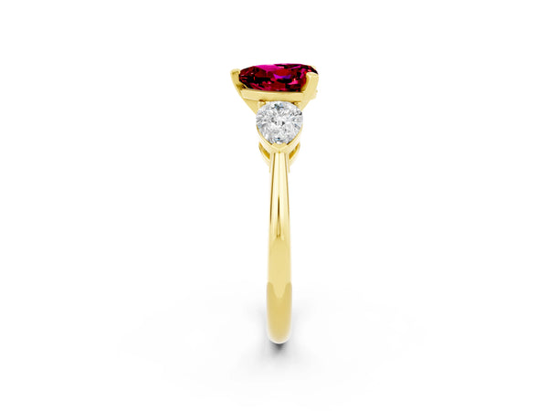 Yellow gold Three-Stone Heart Cut Garnet Ring with Pear Side Stones and Four-Prong Setting