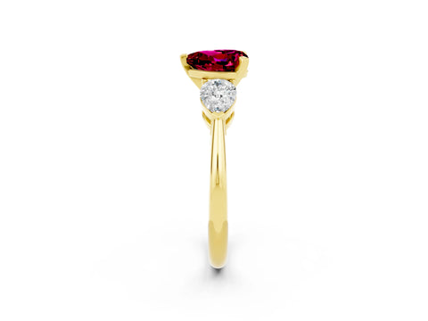 Yellow gold Three-Stone Heart Cut Garnet Ring with Pear Side Stones and Four-Prong Setting_2