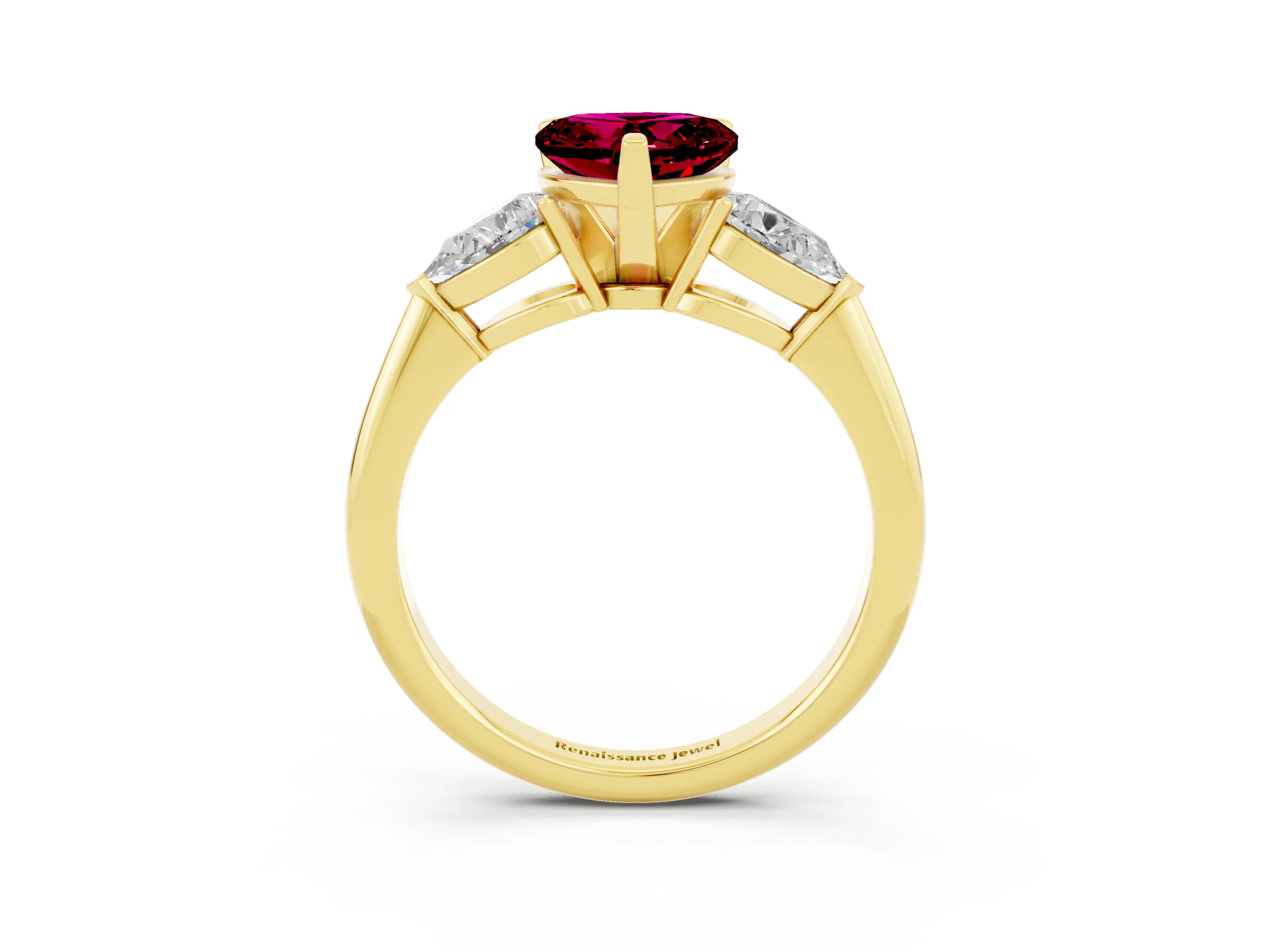 Yellow gold Three-Stone Heart Cut Garnet Ring with Pear Side Stones and Four-Prong Setting_3