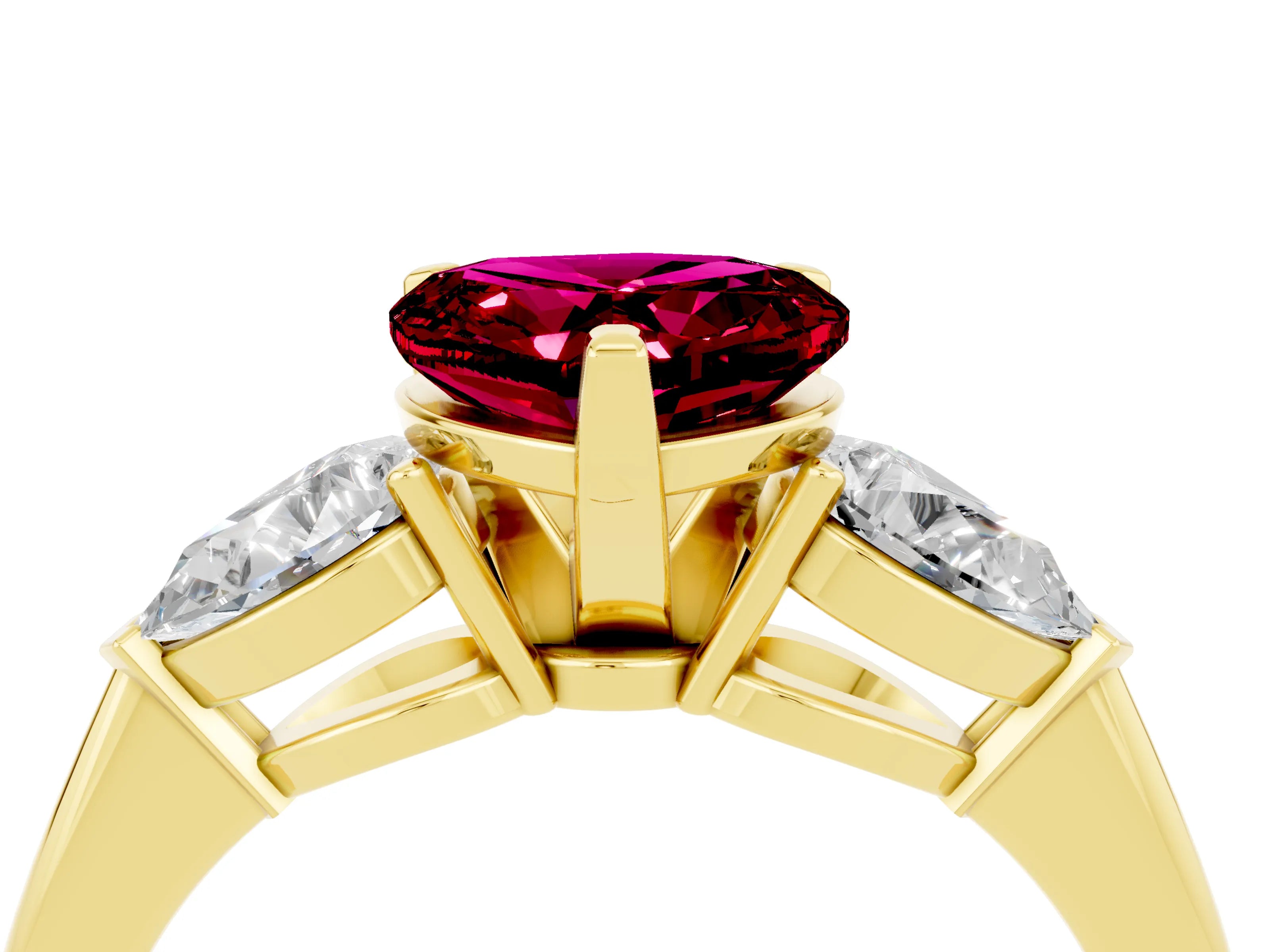 Yellow gold Three-Stone Heart Cut Garnet Ring with Pear Side Stones and Four-Prong Setting_4