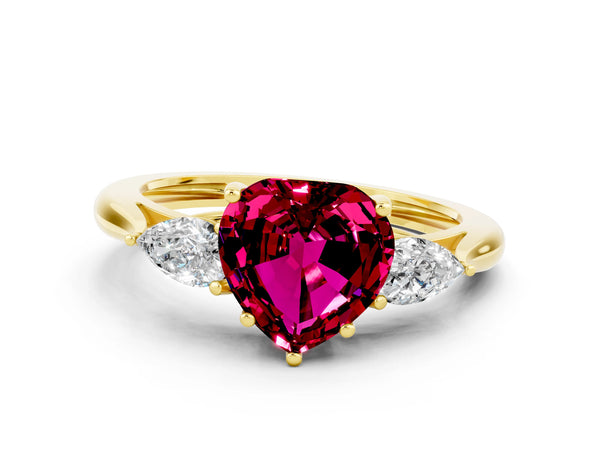 Yellow gold Three-Stone Heart Cut Garnet Ring with Pear  Side Stones in Four-Prong Setting