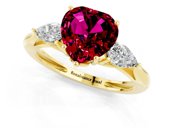 Yellow gold Three-Stone Heart Cut Garnet Ring with Pear  Side Stones in Four-Prong Setting