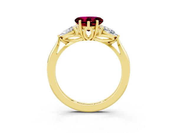 Yellow gold Three-Stone Heart Cut Garnet Ring with Pear  Side Stones in Four-Prong Setting