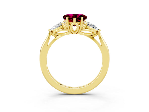Yellow Gold Heart-Shaped Garnet Three Stone Engagement Ring with Pear Side Stones and Thin Band