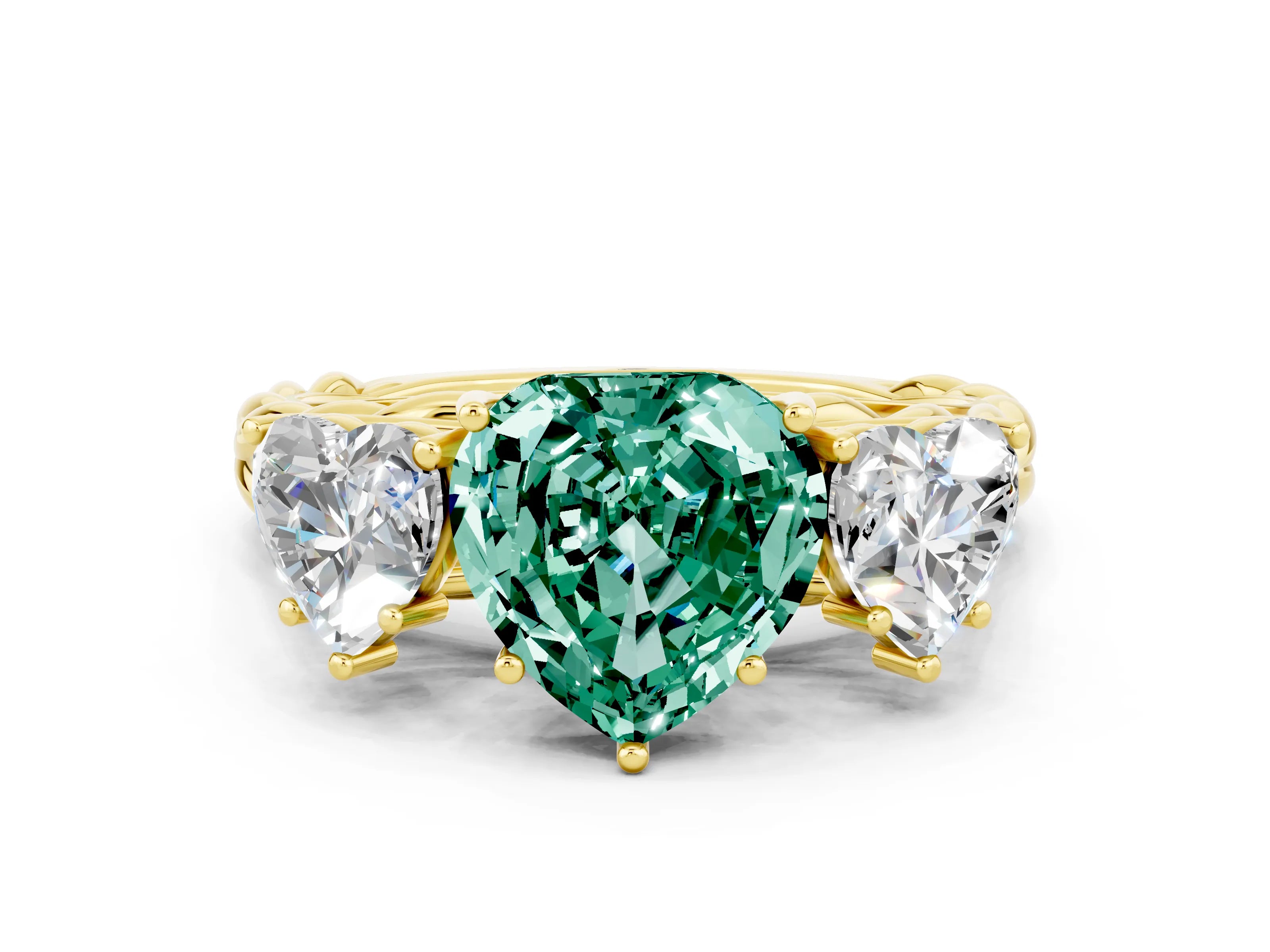 Yellow gold Three-Stone Heart Cut Green Sapphire Braided Band Ring with Four-Prong Setting_12